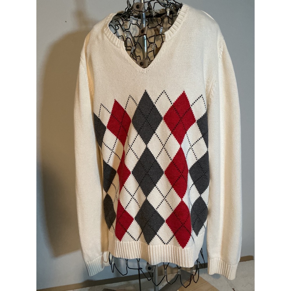 Tommy Hilfiger Argyle Sweater Mens XL Cream Red Grey V-Neck Cotton Blend‎ Knit